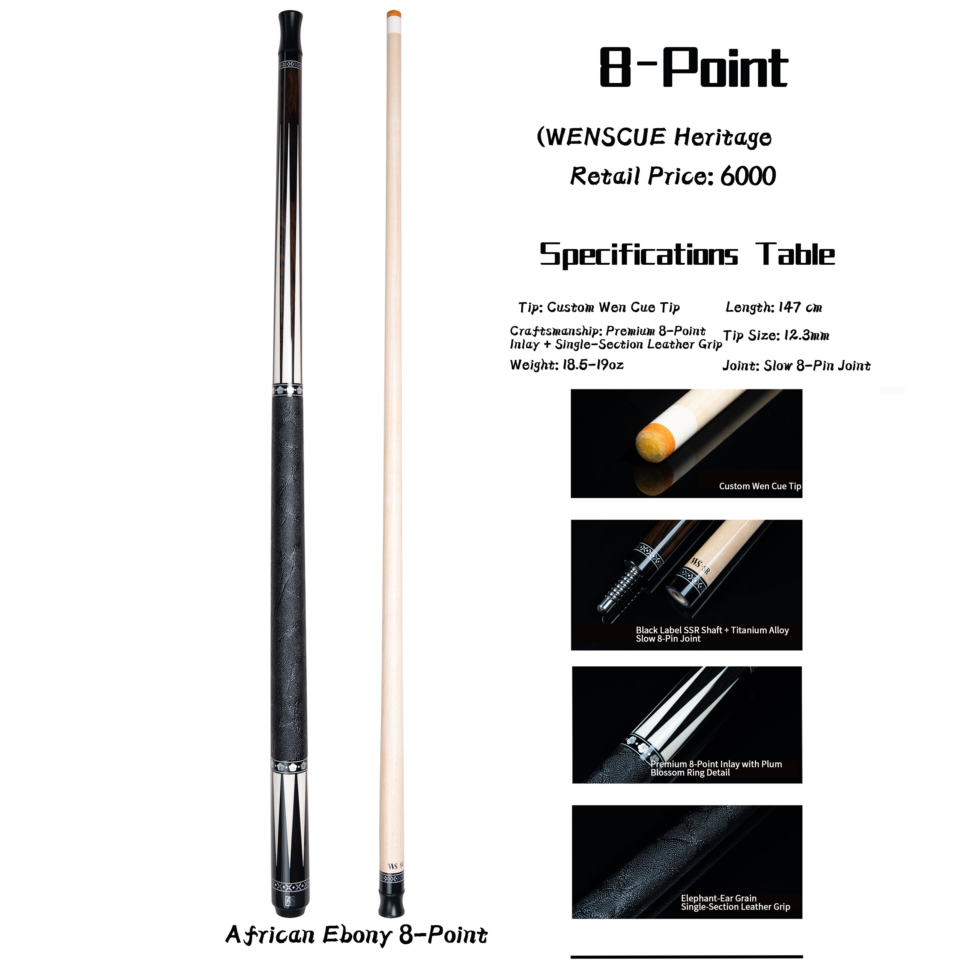 WENSCUE 8-Point Spliced African Ebony Cue